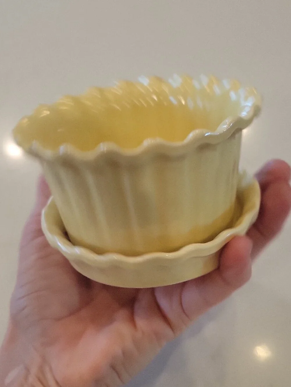 Vintage Buttercup Yellow Ceramic Scalloped Planter with Saucer
